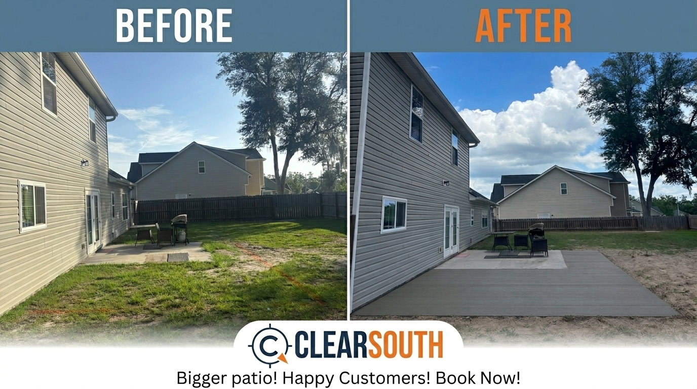 Before and after concrete project: Bigger Backyard Patio
